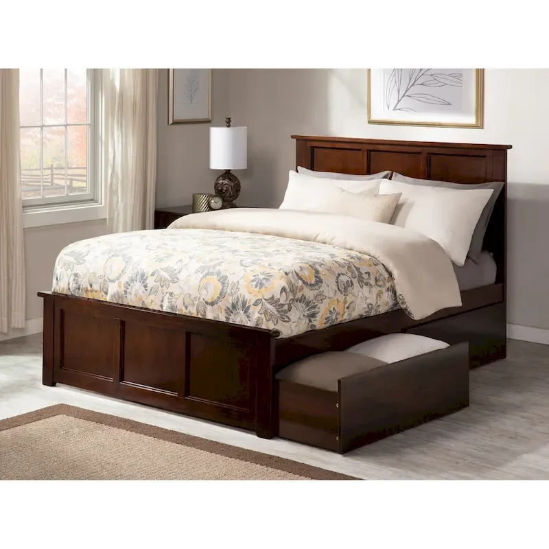 Walnut Full Platform Bed with Footboard & 2 Storage Drawers, Sleeps 2