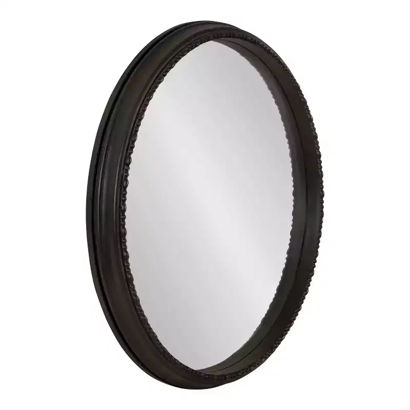 24 Round Wall Mirror 鈥?Black Beaded Plastic Frame, 21.5 Reflective Area