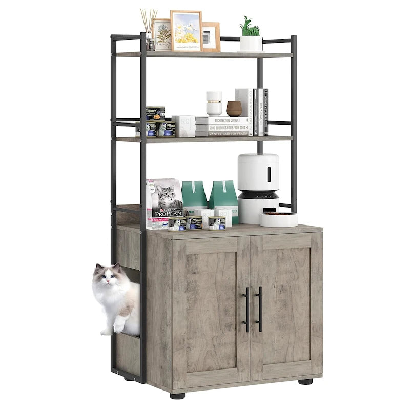 2-in-1 Cat Litter Box Enclosure with with 3 Shelves and Door