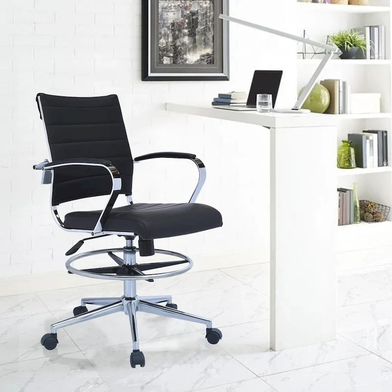 Mid Back Drafting Chair PU Leather Swivel Adjustable Height with Arms and Footring