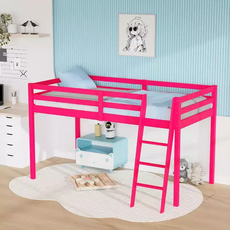 VINGLI 47'' Tall Junior Low Loft Bed with Stairs, Solid Wood Bed Frame Twin Size Princess, Pink