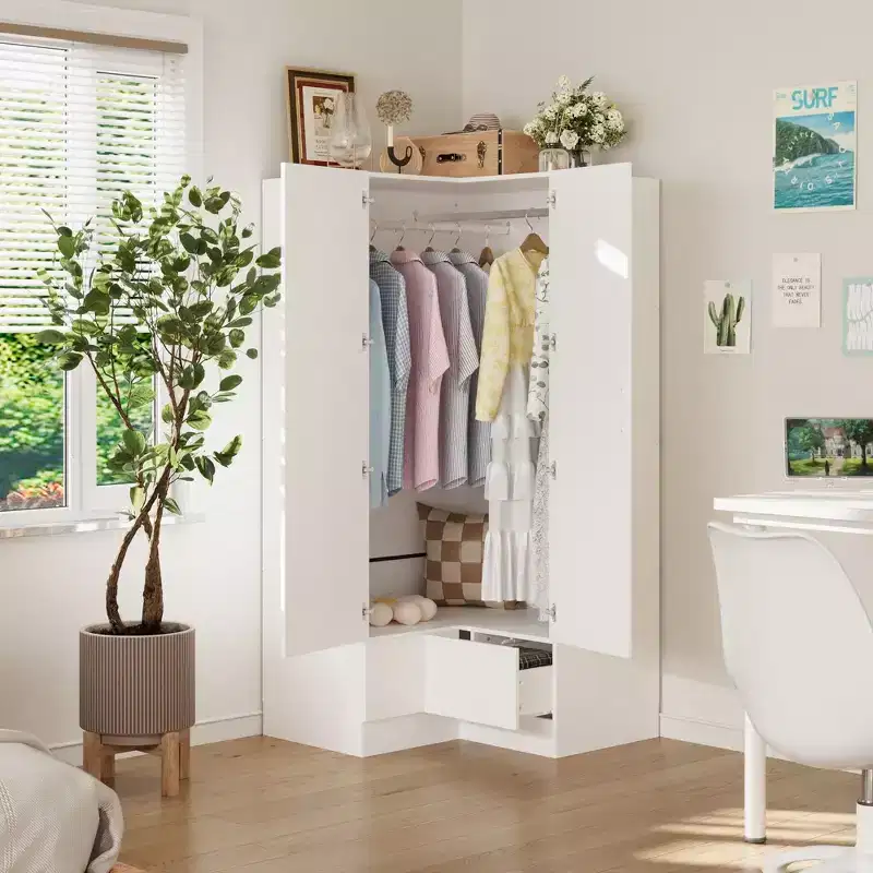 Hitow Minimalist Armoire Corner Wardrobe Double Door and Drawer Designs