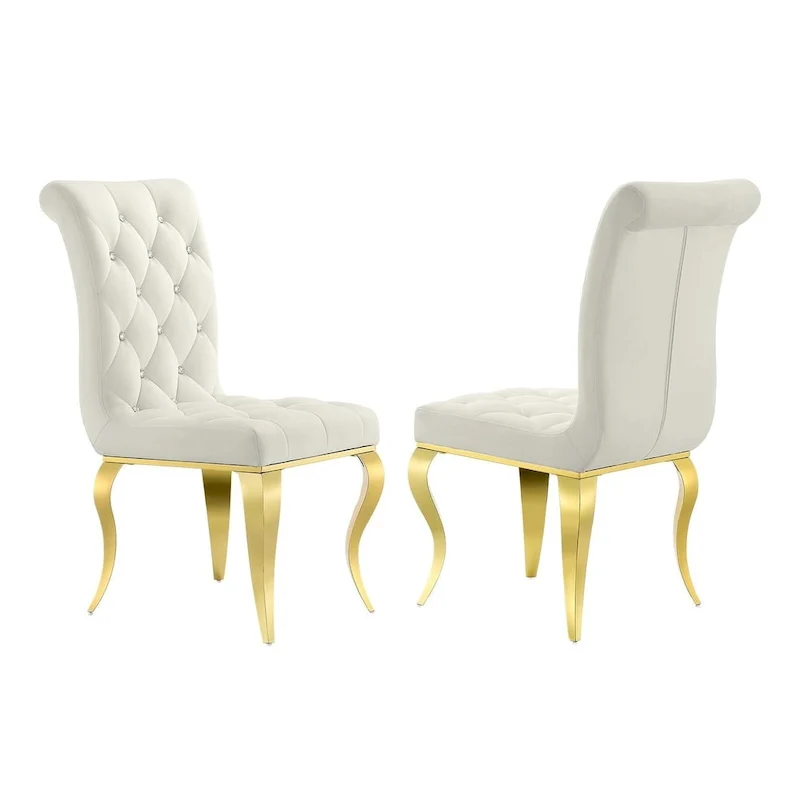 Velvet Upholstered Chairs with Crystal Decor Button Tufted back and Mirror metal Cabriole Legs