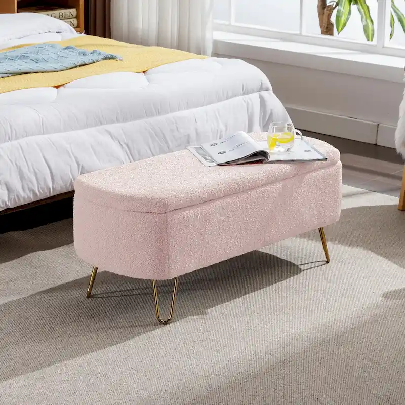 Storage Ottoman Bench for End of Bed Gold Legs,Faux Fur Entryway Bench Upholstered Padded with Storage for Living Room Bedroom