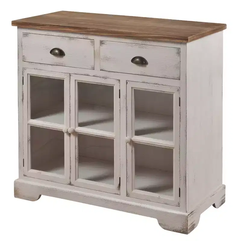 Shabby Chic Window Pane Cabinet �C Antique White, 3 Glass Doors & 2 Drawers