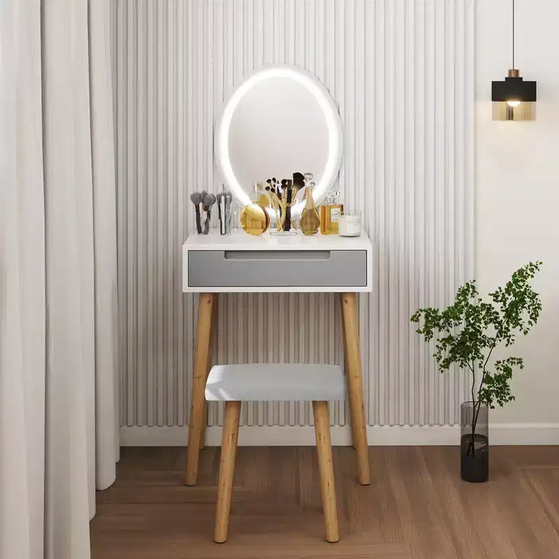 Elecwish Wood Small Vanity Table with Mirror and Chair