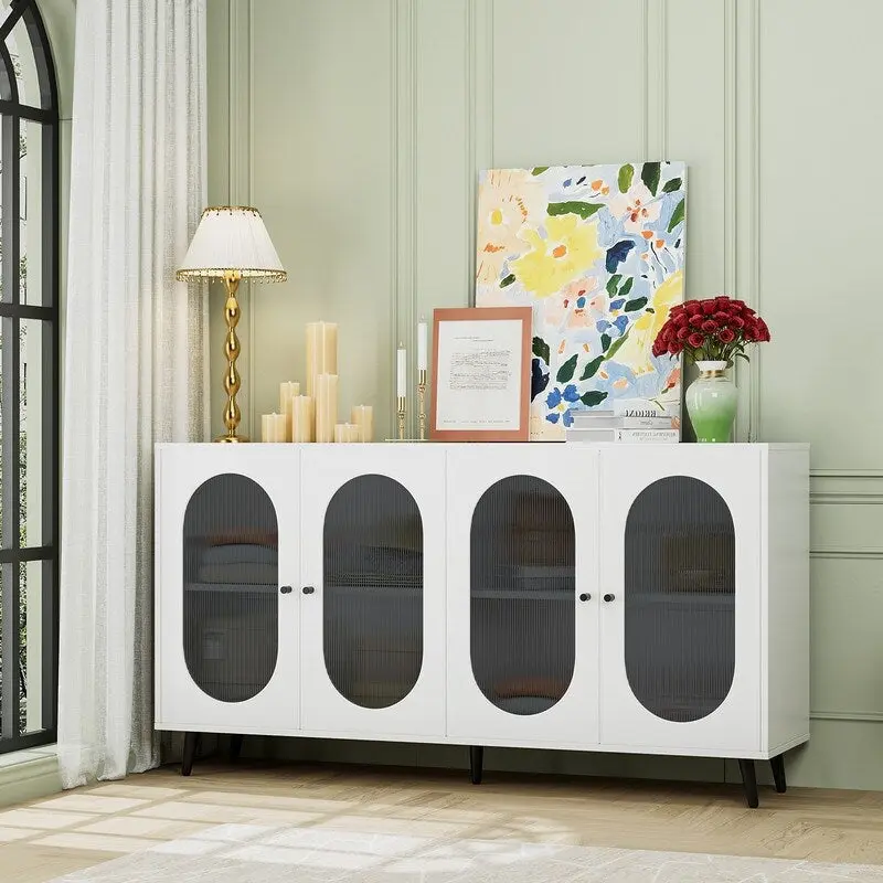 Modern Minimalist Wooden Sideboard Buffet with 4 Acrylic Doors and Adjustable Shelves