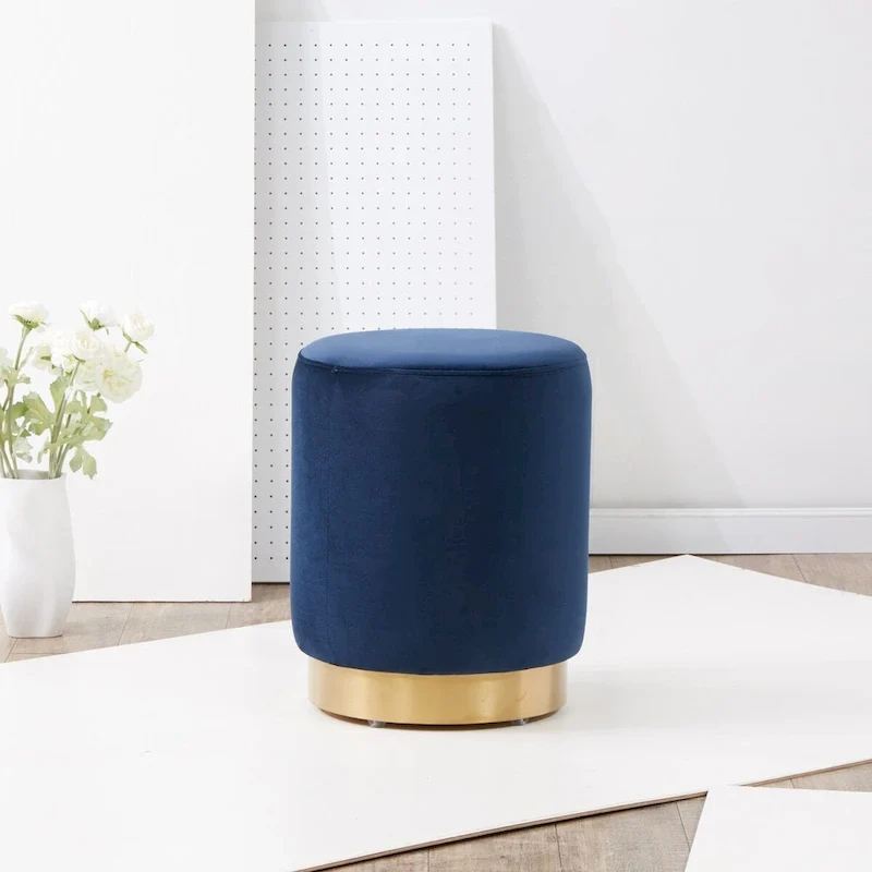 Velvet Ottoman with Brass Base- Navy / Brass