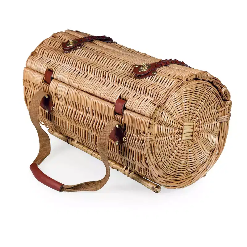 Cylinder Wine Picnic Basket - Picnic Time: Wicker, Gingham Check, Easy-Close, Green & Brown, 17" H, 18.5" D, 12" W