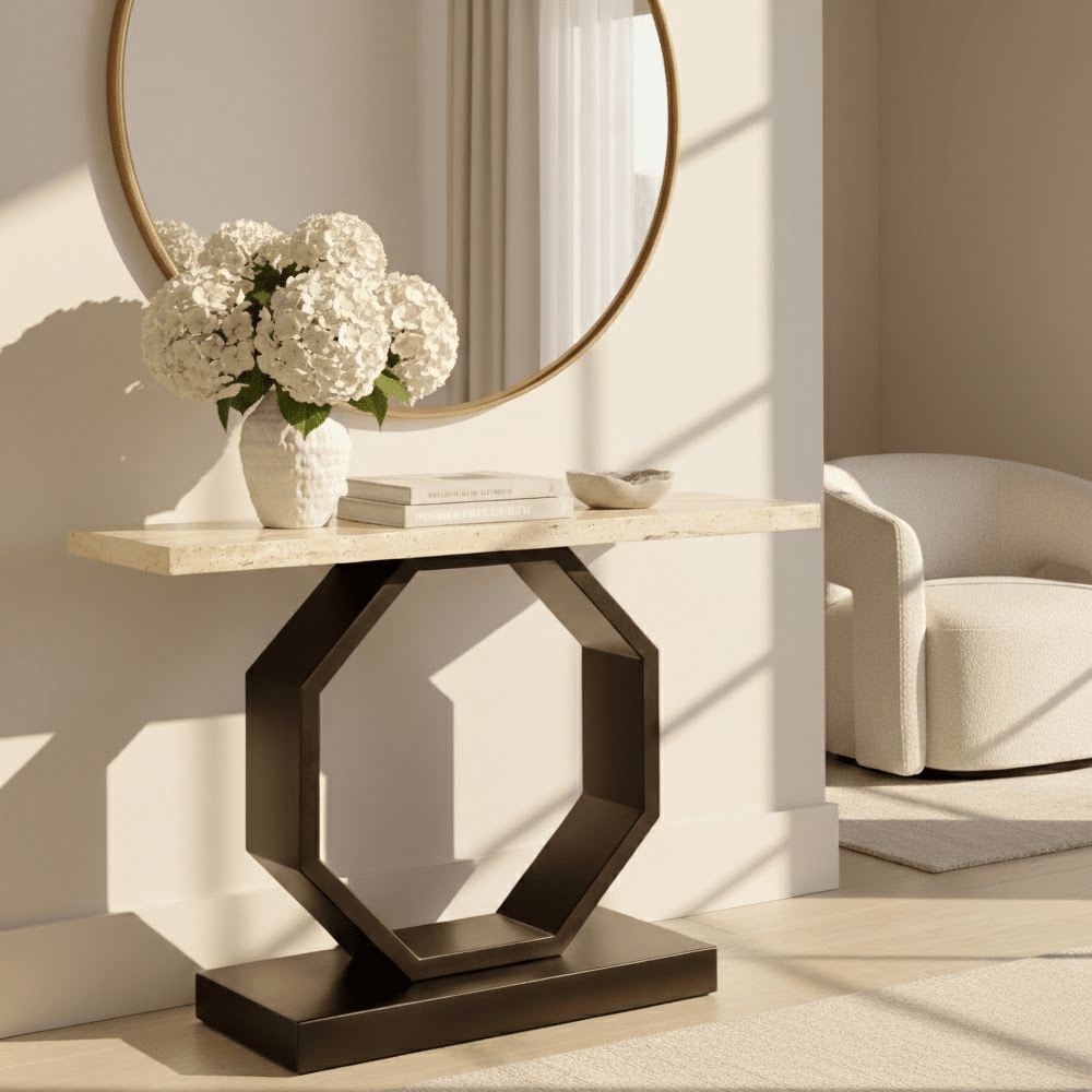 Travertine Top Console Table with Black Base