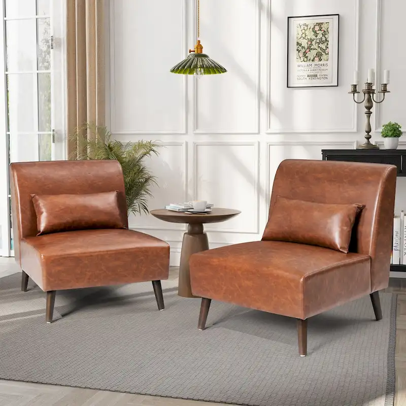 Armless Accent Chair with Pillow �� Faux Leather, Wood Frame