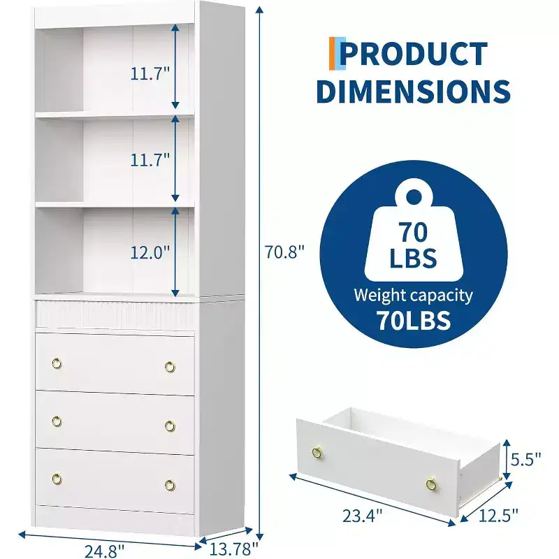 Bookshelf with Drawers 70.8 Fluted Bookcase,Bookshelf 6 Tier Bookcase with Storage,Tall Book Shelf with Waved Design,Storage Cabinet for Living Room