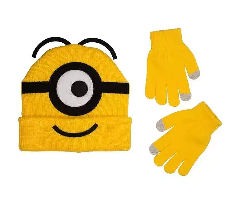 Depsciable Me Minions Cuff 3D Beanie & Glove Set for Kids, Jacquad Knit with Embroidered Appliques, Yellow