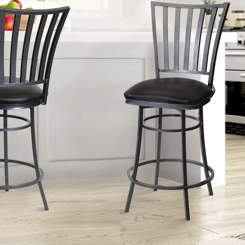 Swivel Bar Stool with Vertical Slat Back and Padded Faux Leather Seat