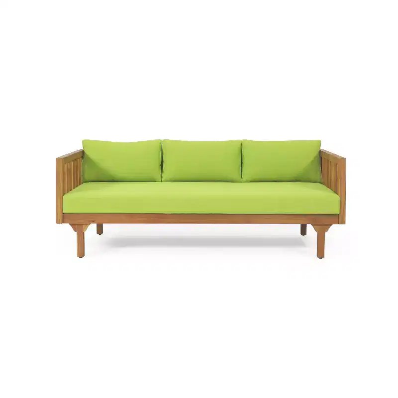 Claremont Outdoor 3 Seater Acacia Wood Daybed with Cushions Teak/Green - Christopher Knight Home: UV-Resistant, Water-Repellent Patio Sofa