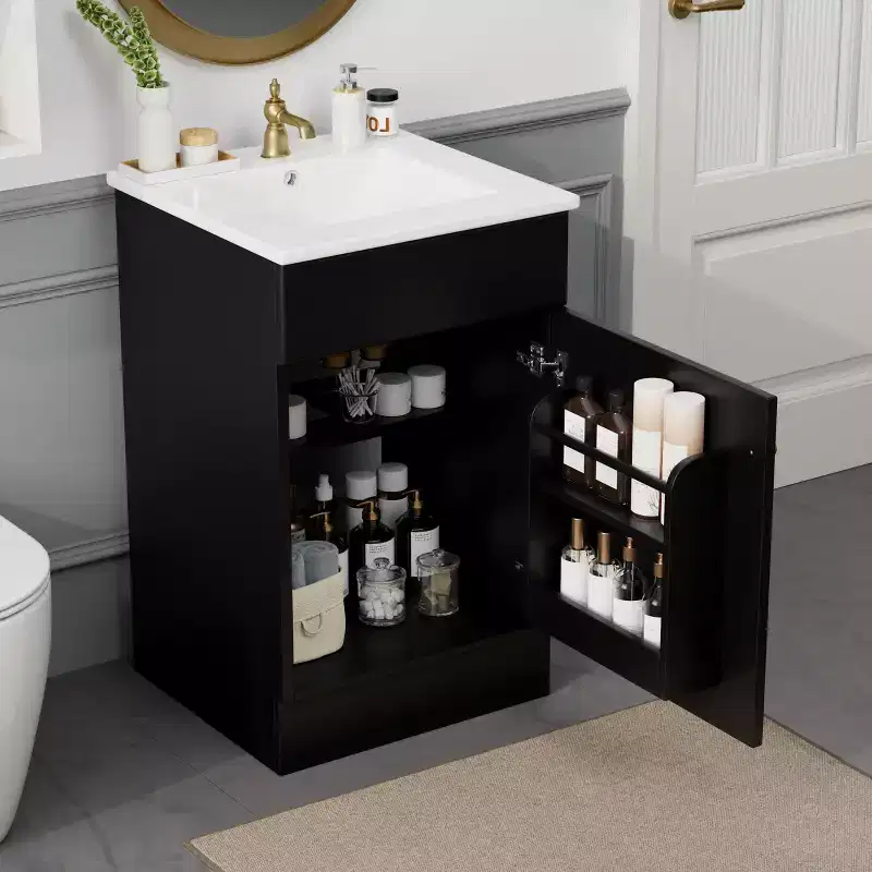 Bathroom Vanity with Sink, Free Standing Single Basin Vanity Set with Storage Rack, Solid Wood Bathroom Cabinet with Ceramic Basin