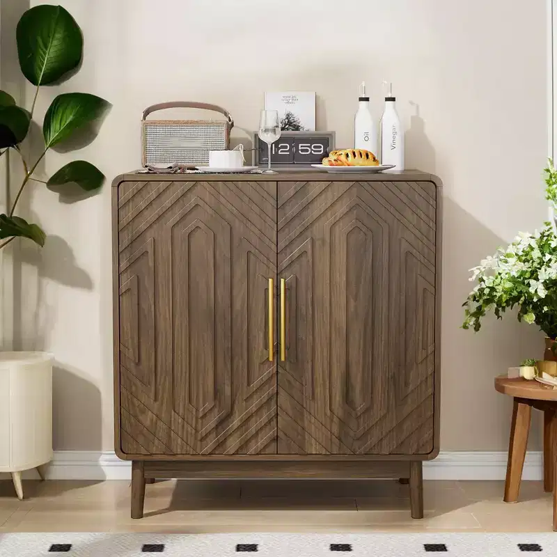 JVNOXK Carved Double-Door Adjustable Shelf Storage Sideboard with Decorative Cabinet Suitable for Living Rooms and Entryways Walnut Finish