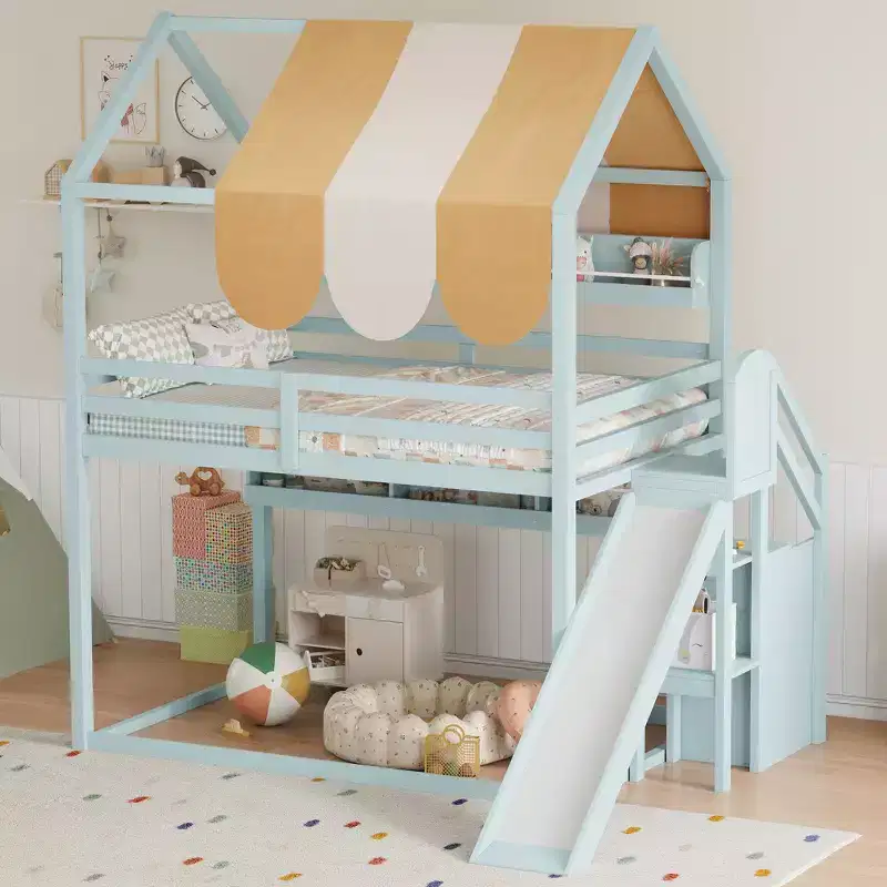 Whisen Full Size House Bed Frame with Canopy, Slide & Built-In Bookshelves