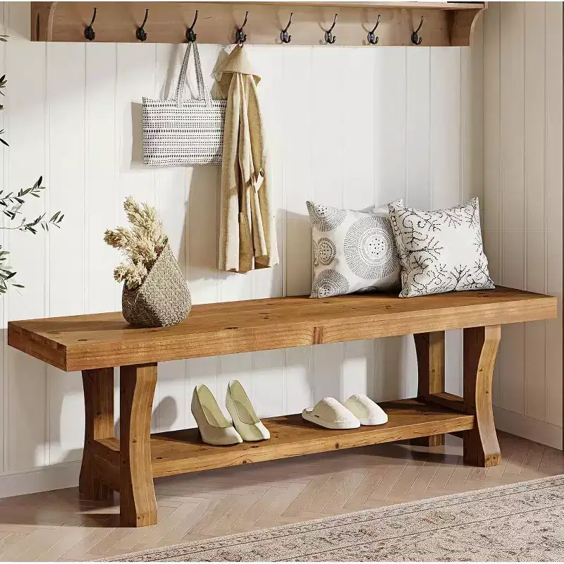 Lantine Solid Wood Entryway Bench, 55 End of Bed Bench, Long Indoor Dining Seat for Hallway, Bedroom, Living Room, Dining Room, Brown