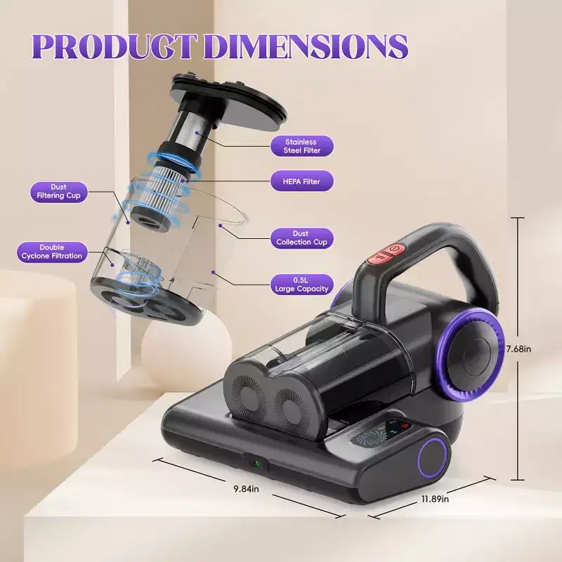 WHALLULTRA Handheld Mattress Vacuum with UV Care, HEPA Filtration & Hot Air Drying, Corded Bed Vacuum for Home