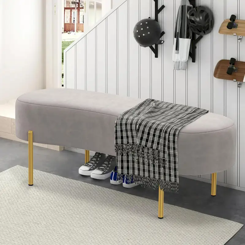 Upholstered Ottoman Bench with Gold Metal Legs, 45.7 x 15.4