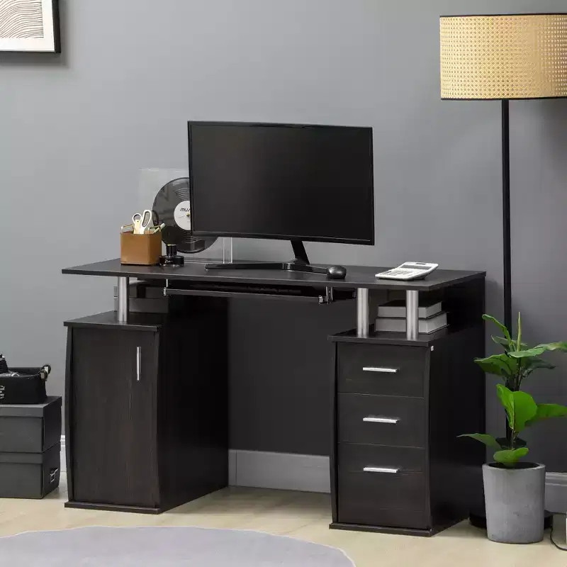HOMCOM 47 Computer Desk with Keyboard Tray and Storage Drawers, Home Office Workstation Table with Storage Shelves