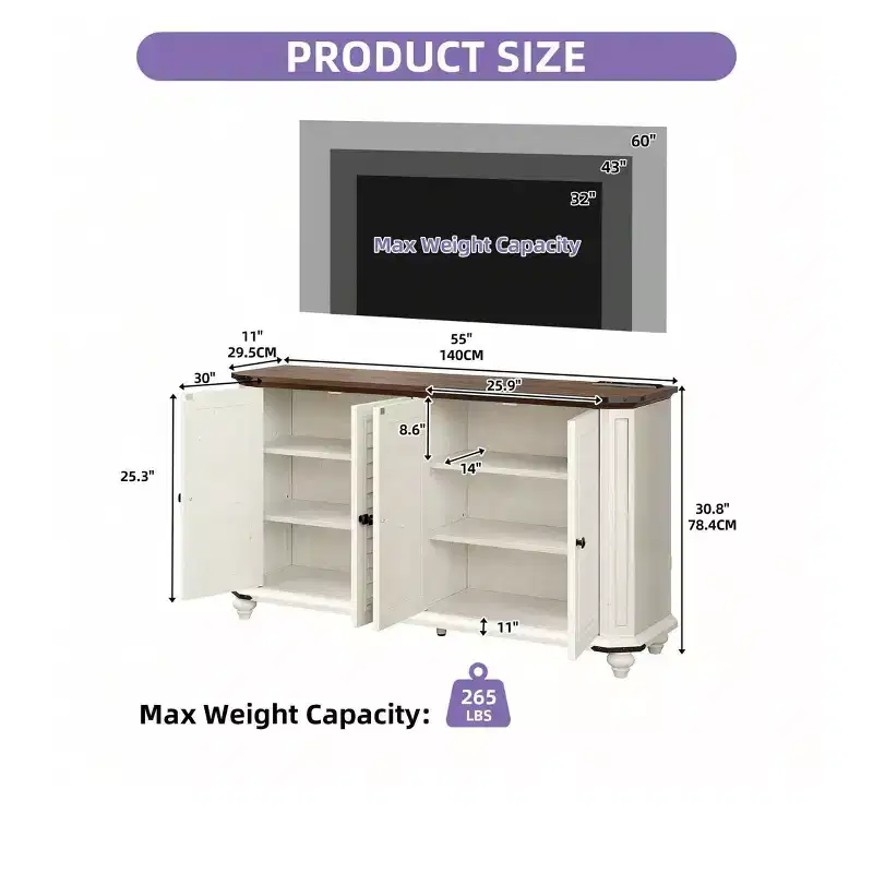 Farmhouse TV Stand for 60 Inch TV, Entertainment Center with Adjustable Shelves & Power Outlets,Buffet Sideboard Cabinet for Living Room