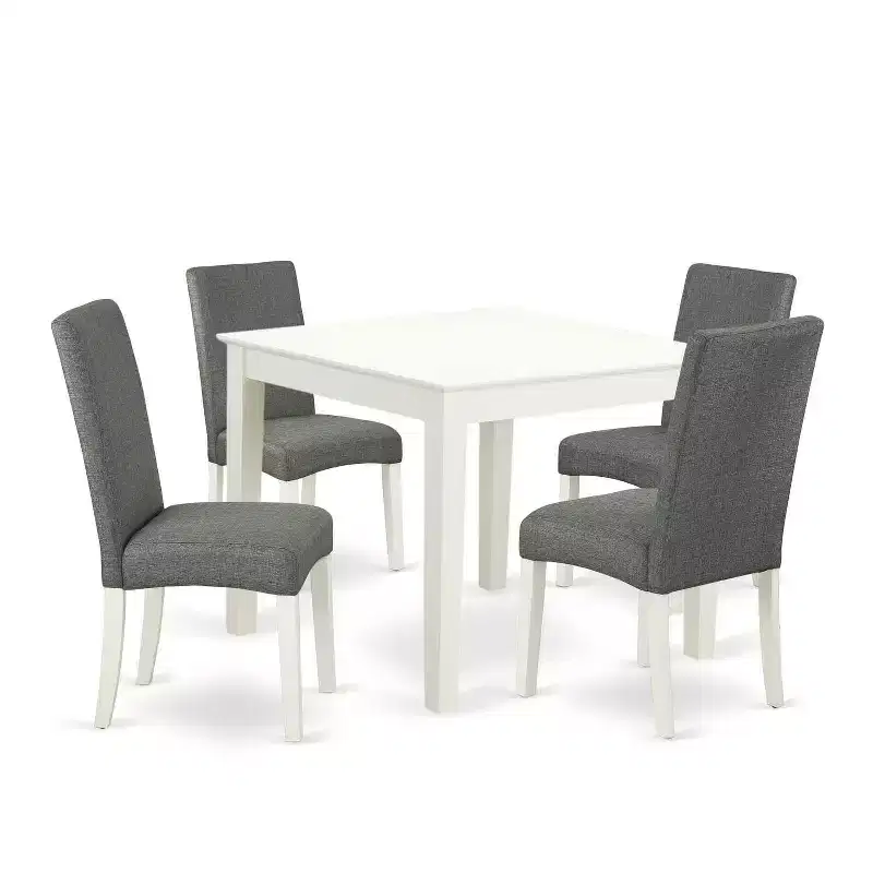 French Country Dining Set 5Pc Square Table & Chairs - Linen White Legs, Gray Fabric