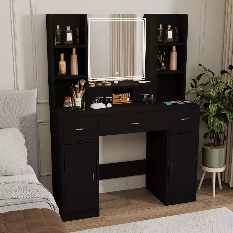 Vanity Table with LED Lights, 5 Drawers, 6 Shelves & Dressing Pad