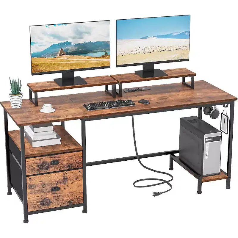 BALHAM TRADE-55 Home Office Desk with File Cabinet 2 Monitor Stands Power Outlets Storage