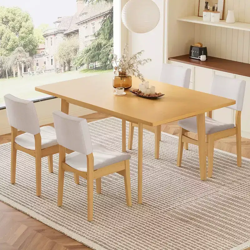 5-Piece Modern Dining Set with Solid Wood Table and 4 Linen Chairs, for Kitchen or Dining Room