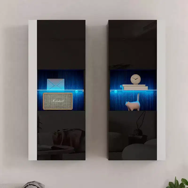 Wall Storage Cabinets with LED Lights, Modern Hanging Cabinets for Living Room/Bedroom, 2-Piece