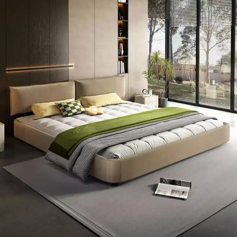 MAYEERTY King Size Cloud Bed Frame with Oversized Padded Movable Headboard, Round Corner, Metal Solid Wooden Slat Double Support Camel