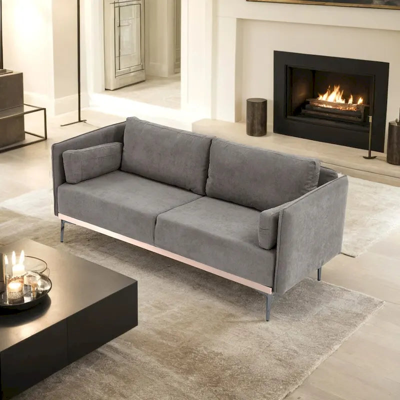 3-Seat Linen Sofa – Grey / Beige / Orange, Modern Minimalist, Metal Legs & Steel Trim, Seats 3