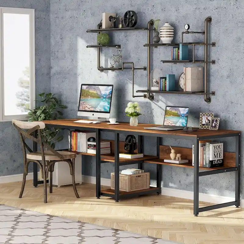 78.7 Two Person Desk, Double Desk with Bookshelf