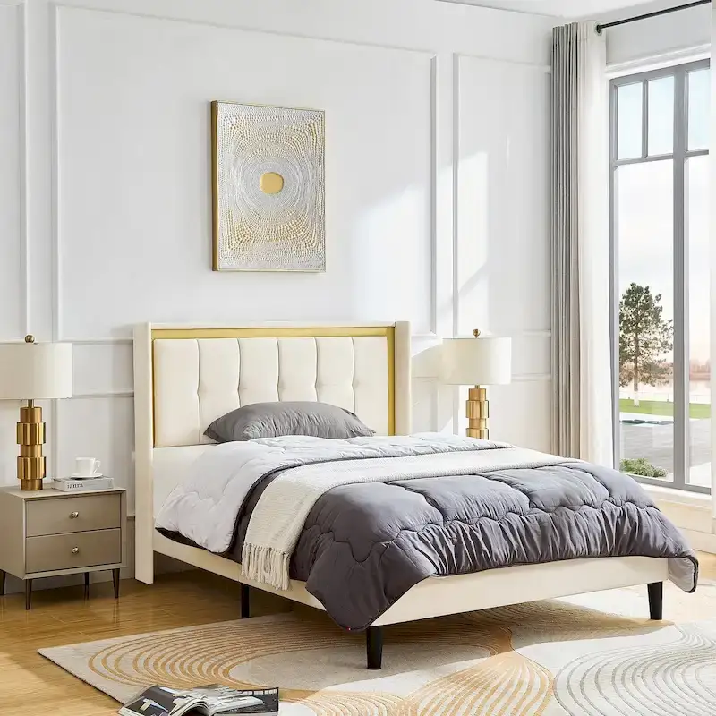 White Upholstered Queen Bed Frame with Gold Trim Tufted Headboard