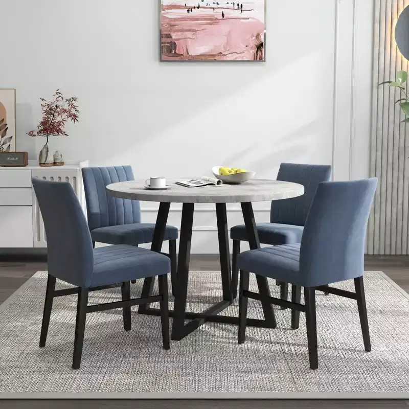 Roundhill Furniture Edo 5-Piece Dining Set, Round Trestle Table and 4 Upholstered Chairs