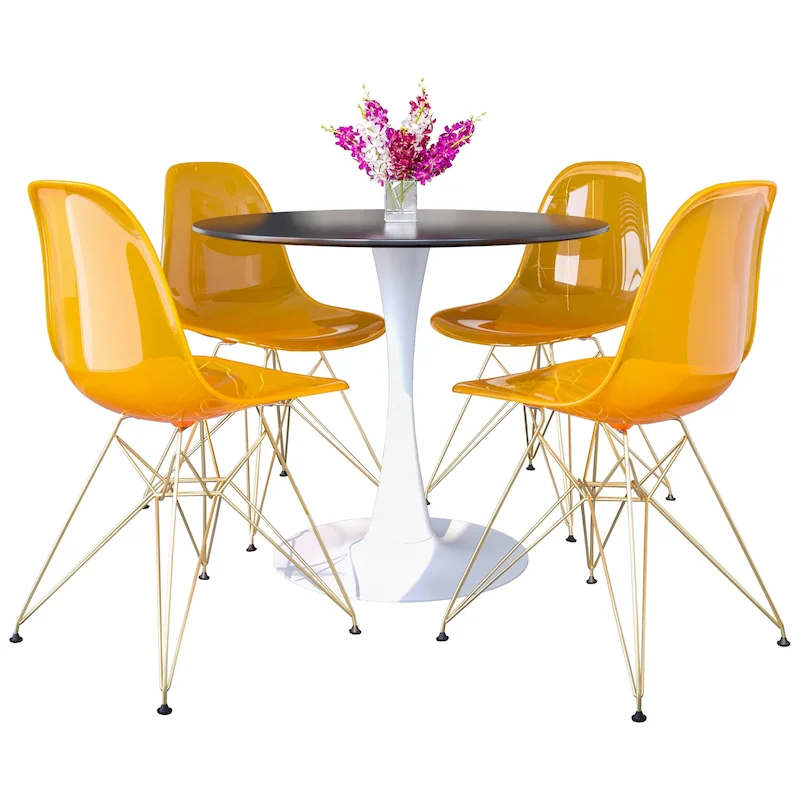 Bristol 5-Piece Dining Set 35 Round Table and 4 Plastic Chairs with Gold Base