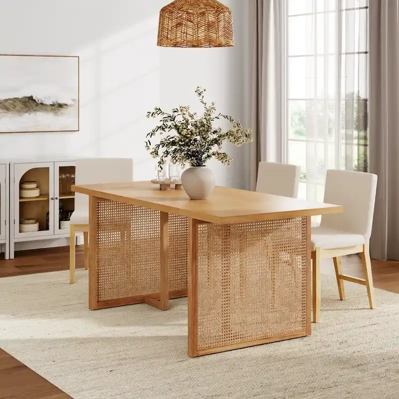 Boho Dining Table for 6 with Solid Wood Legs, Dining Table with Bohemian Rattan Accent