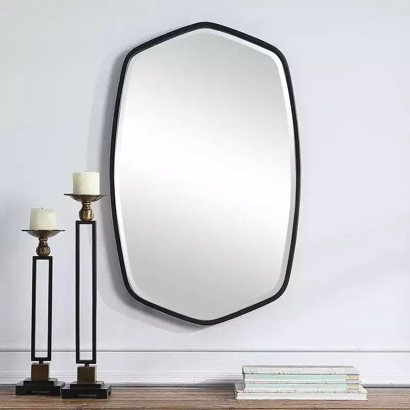 Vanity Accent Wall Mirror Modern Beveled Satin Black Iron Metal Frame 22 1/4 Wide for Bathroom Bedroom Living Room Home