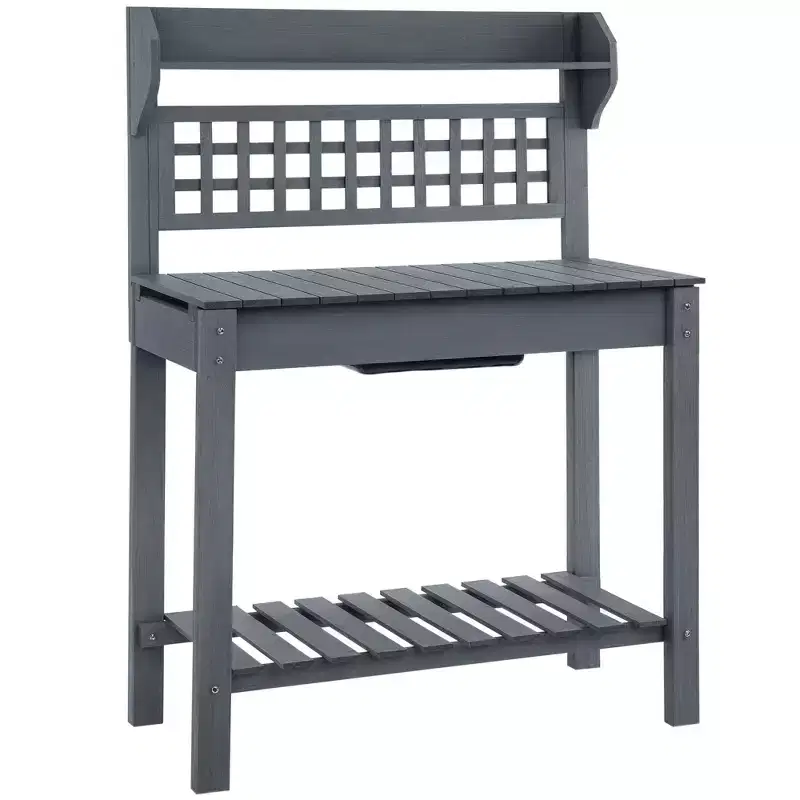 Outdoor Potting Bench Tableen Workstation with Sliding Tabletop, Storage Shelf and Dry Sink, for Greenhouse, Garden, Patio