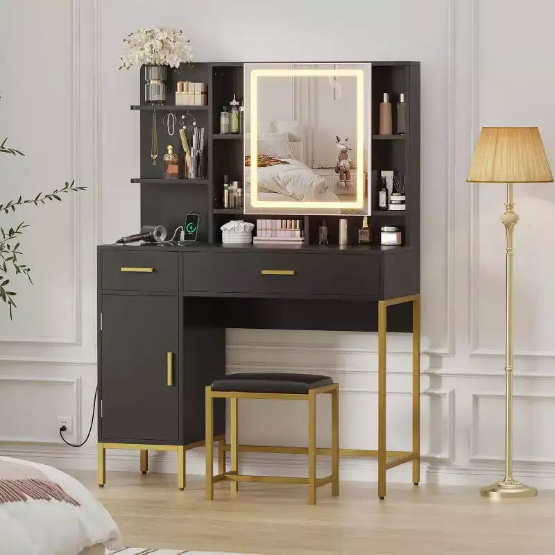 Bedroom Dressing Table with Lamp and Power Socket , Wooden Dressing Table with 2 Drawers, 9 Open Shelves, 2 Cabinets, Cushion and Stool