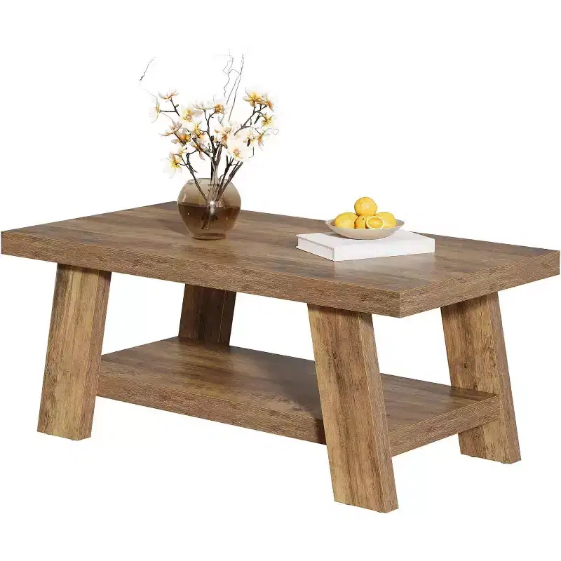 Lantine 47-Inch Farmhouse Coffee Table with Storage Shelf, Rustic Wooden 2-Tier Center Table for Living Room, Apartment, Rustic Brown