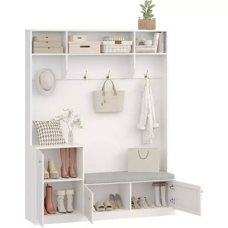 78.8 Hall Tree with Shoe Storage and Coat Rack, Farmhouse Entryway Bench, 4 Shoe Cubbies, 4 Coat Hooks, 3 Top Open Shelves, Entrance Storage Cabinet