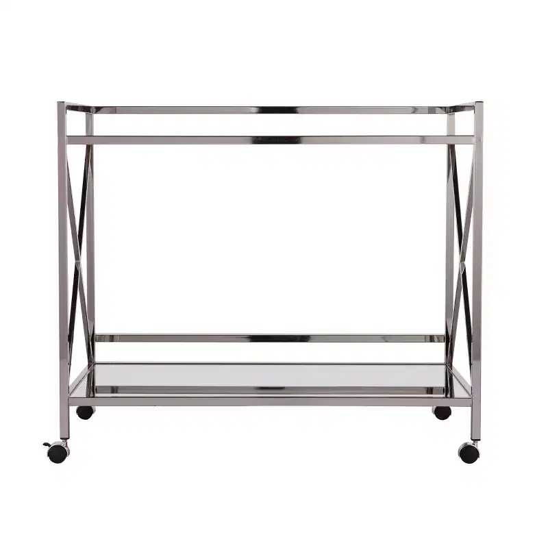 Two-Tier Bar Cart with Mirrored Shelves & Locking Wheels �C Silver & Charcoal