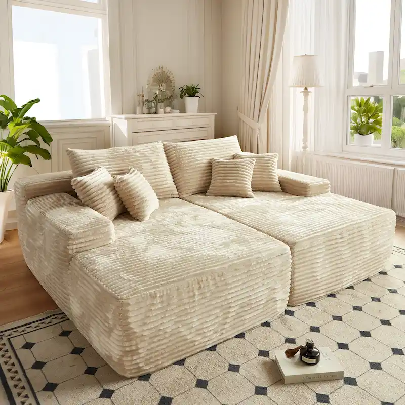 OVIOS Long Plush No Assembly Required Double Chaise Sofa