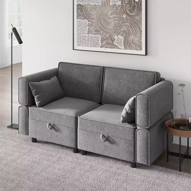 2-Piece Modular Sectional Set, 52 Loveseat-to-Bed, Tool-Free Click Connectors, 300 lb/Module, Ottoman Included, Corduroy, Dark Gray