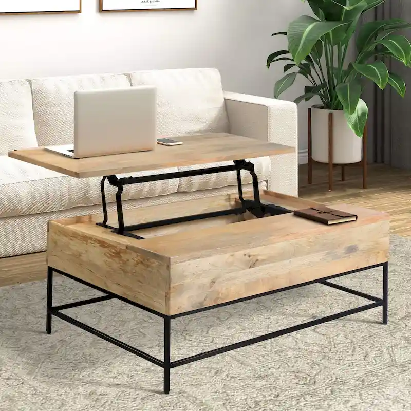 Audrey 45 inch Lift Top Mango Wood Rectangular Coffee Table - Wood and Metal, Natural Brown and Black