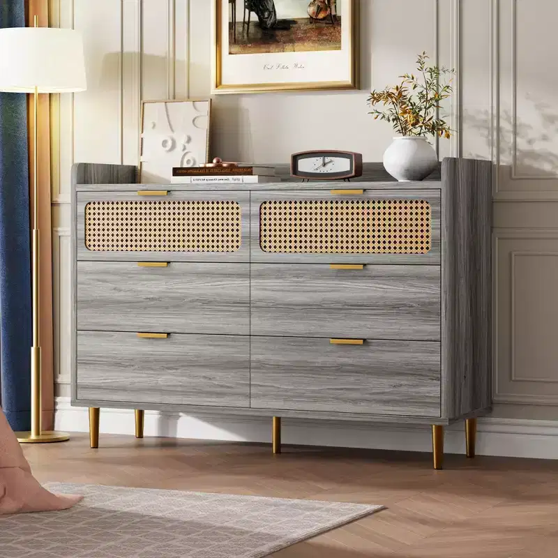 6 Drawer Dresser Rattan Design Large Storage Organizer Mid Century Modern Gold Closet TV Stand with High Legs,