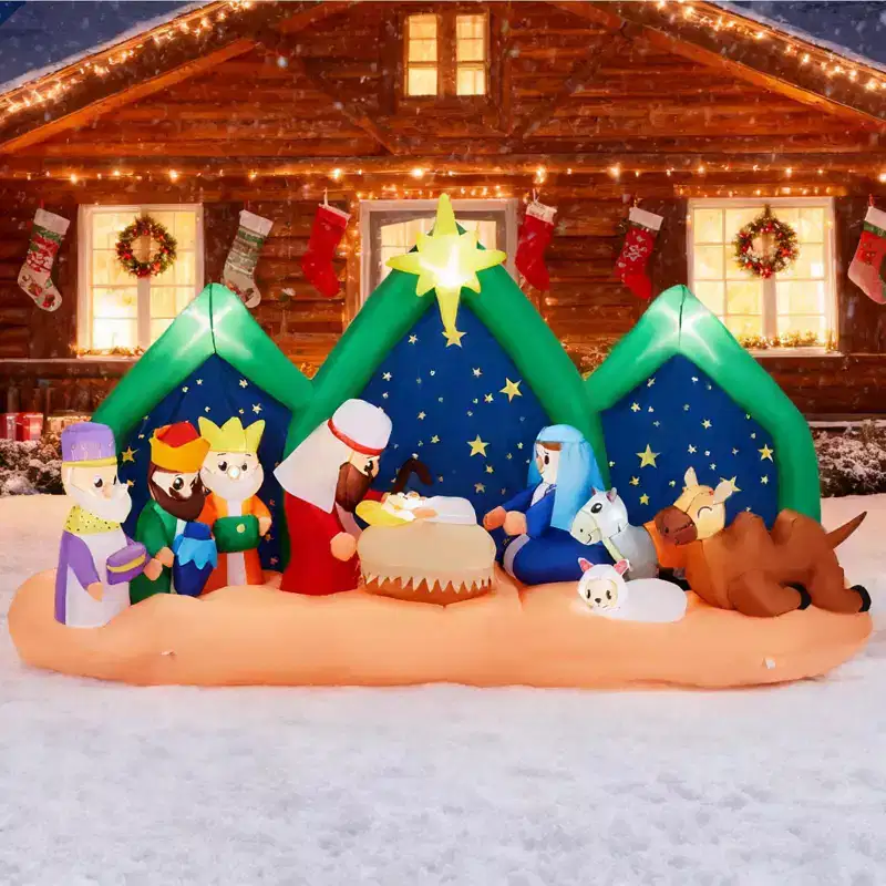 9FT Christmas Inflatable Decoration, Inflatable Nativity Scene with Starry Night Backdrop, Blow Up Yard Decorations for Holiday Party Yard Lawn Garden